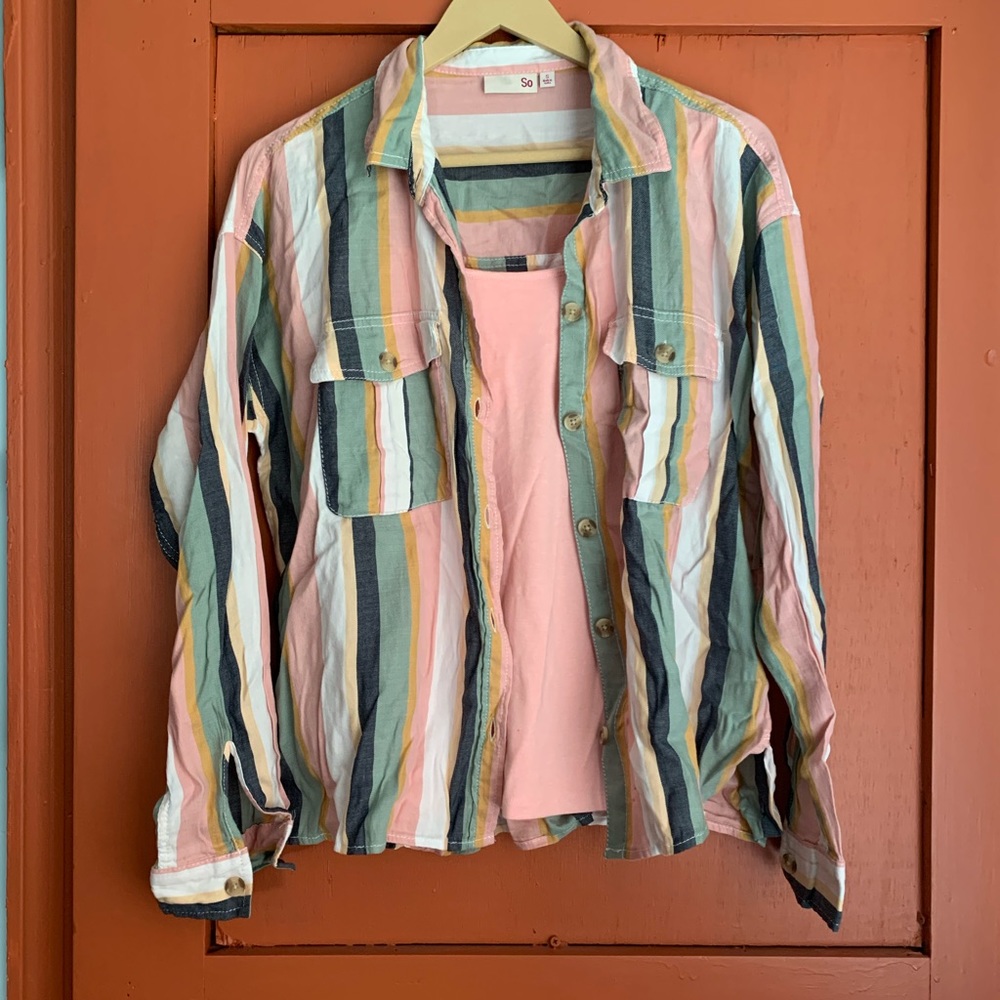 Striped button up with spaghetti strap camisole